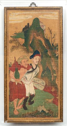 Chinese Painted Bark Scroll, C. 1710, Two Figures, H 31'' W 14''