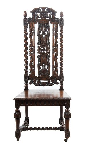 Oak High Back Chair, Hinged Seat, Spiral Stiles C. 1900, H 51'' W 21'' Depth 18''