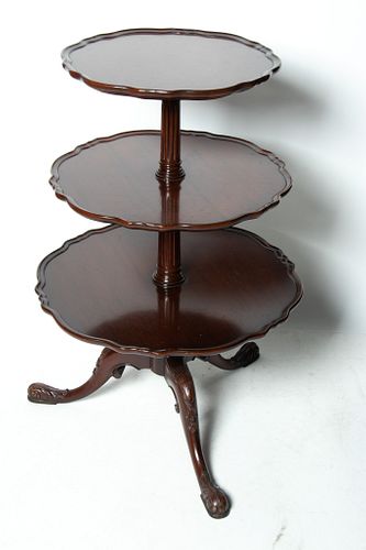 Imperial Furniture Co. Mahogany Chippendale Style 3 Tier Table C 1940 H 32" Dia 21"