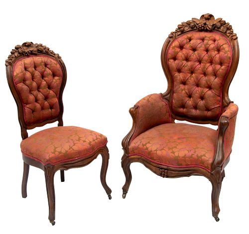 Victorian Carved Walnut Frame Arm Chair And Side Chair C. 1850, H 45'' 2 pcs