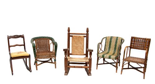 Antique Wood & Cane Child Chairs, 1900, H 22'' W 11'' 5 pcs