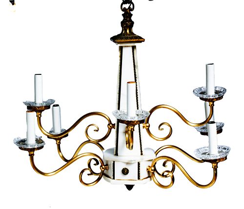 Marble, Crystal And Metal Chandelier H 25" Dia 22"