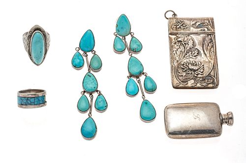 Turquoise And Silver Jewelry: 4 Necklaces, 2 Rings, Earrings (1 Pr), Flask