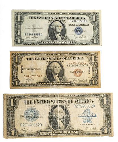 United States Of America $1 Silver Certificates, Three Pieces, H 3", W 7 3/8" (largest)