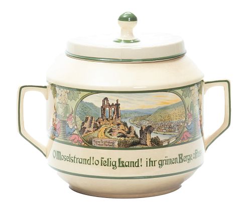 German Ceramic Covered Punch Bowl  1910, River Scenes With Gnomes, W 12'' Dia. 7''