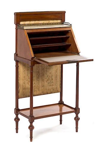 A Continental Fruitwood Writing Desk Height 39 x width 18 1/2 x depth 10 1/2 inches (closed).
