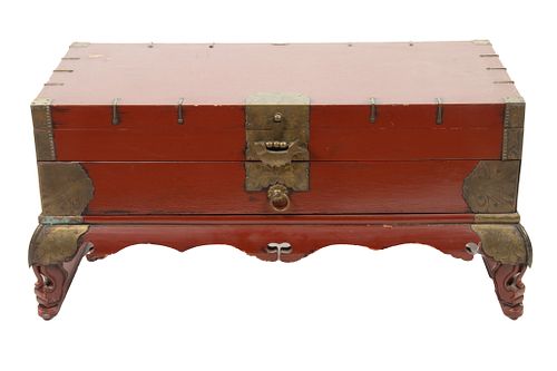 Chinese Red Lacquered Wood & Brass Hinged Chest, H 15.5'' L 32''