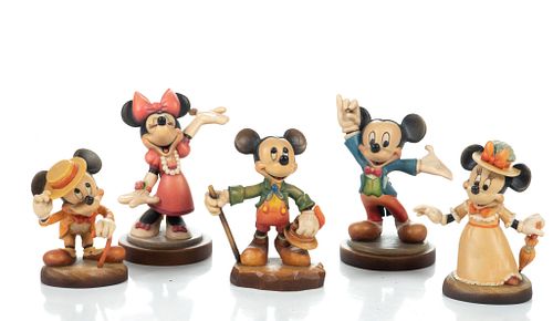 Anri (Italian) Carved Wood Walt Disney Mouse Figures H 4.5'' 5 pcs