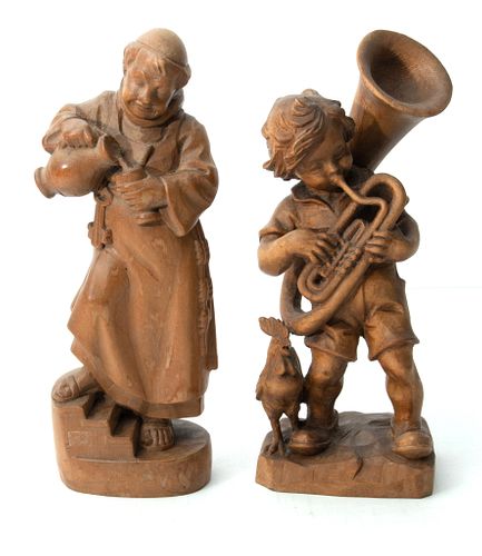 German Wood Carvings, 2Pcs. Monk And Boy With Tuba