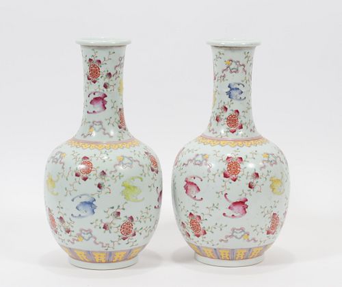 CHINESE FAMILLE ROSE VASES PAIR H 13" DIA 7" 