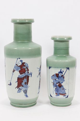 CHINESE UNDERGLAZE RED & BLUE WARRIOR VASES TWO H 18", 15" 