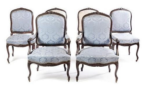 * A Set of Six Upholstered Chairs. Height 37 1/4 x width 20 1/2 x depth 18 inches.