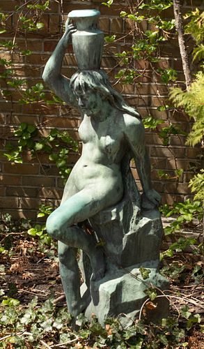 CONTINENTAL BRONZE GARDEN SCULPTURE, MONUMENTAL,  EARLY 20TH C. H 52", W 52", FEMALE NUDE CARRYING WATER 
