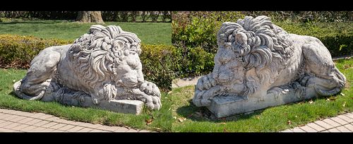 AFTER  ANTONIA CANOVA, CAST STONE ENTRANCE LIONS, EARLY 20TH C. PAIR, H 36", W 26", L 74" 