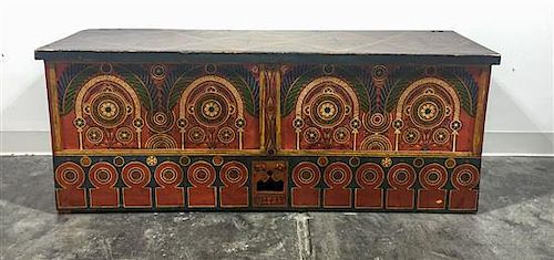 A Northern European Painted Bench. Height 20 1/2 x width 51 3/4 x depth 14 3/4 inches.
