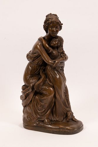 AFTER DOMINIQUE  ALONZO  (FR. ACT.1910 - 1930) BRONZE SCULPTURE H 16" D 9" MOTHER AND CHILD 