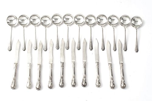 TOWLE STERLING SILVER 'LADY CONSTANCE' SPOONS & GORHAM 'CHANTILLY' KNIVES, 22 PCS, L 5"-6.75", T.W. 8.45 TOZ 