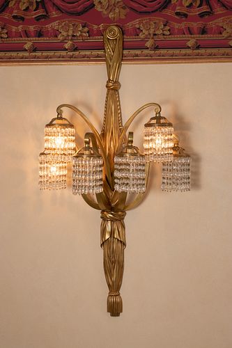 FRENCH EMPIRE STYLE GILT BRONZE SCONCES, EARLY 20TH C.,  PAIR, H 40", W 20", D 11"