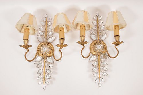 FRENCH BAGUES STYLE  ROCK CRYSTAL & GILT LUMINAIRES, PAIR, H 20", W 10"