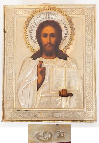 RUSSIAN ICON, CHRIST PANTOCRATOR, C. 1898-1908, H 8.8", W 6.8" BY L.V. 