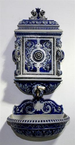 * A German Stoneware Lavabo and Basin Height of lavabo 18 1/2 inches.