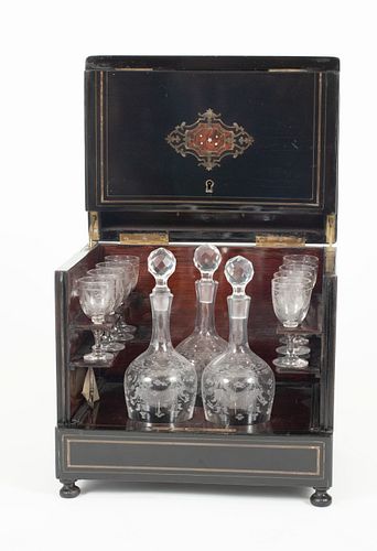 BOULLE FRENCH EBONY AND CRYSTAL DECANTER SET, C 1850 W 11" (BOX) 