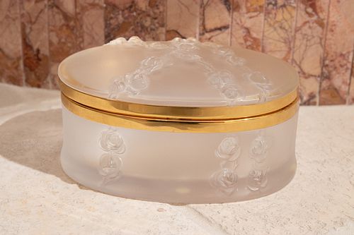 LALIQUE GLASS OVAL HINGED BOX, H 3", W 7" (ROSES) 