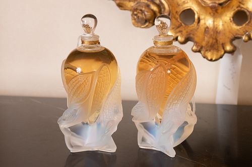 LALIQUE OPALESCENT GLASS PERFUME BOTTLES, 2 PCS, H 5.6" "LES ELPHES"  