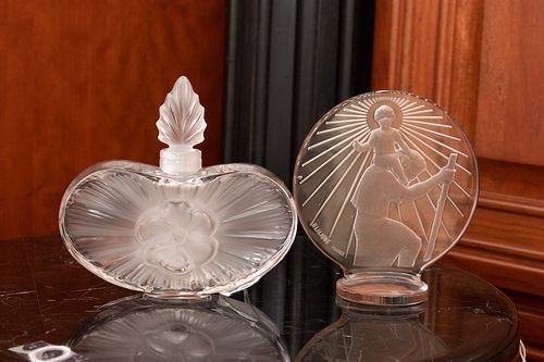 LALIQUE HEART FORM GLASS PERFUME BOTTLE, AND ST CHRISTOPHER DISC H 5", W 5" 