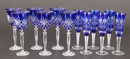 BLUE OVERLAY WINE & CHAMPAGNE GLASSES, 12 PCS, H 8.75"-9" 