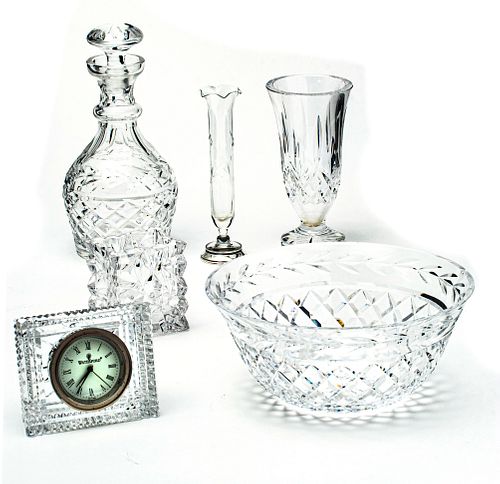 WATERFORD & ROSENTHAL CRYSTAL DECANTER, VESSELS & CLOCK, 6 PCS, H 3.5"-10" 