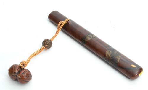 JAPANESE LACQUERED PIPE CASE, PIPE, AND OJIME C 1880, L 8.5"
