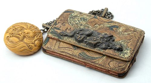 JAPANESE EMBOSSED LEATHER  TOBACCO POUCH WITH NETSUKE 