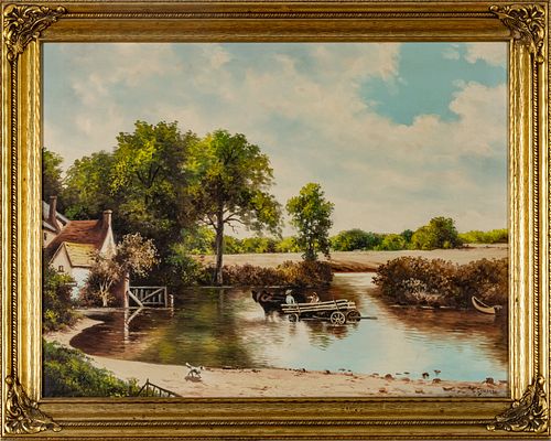 LILLIAN BERTHA  HULSMANN, SIGNED LAMPLE,  OIL ON CANVAS H 26" W 33" LANDSCAPE WITH CART IN STREAM 