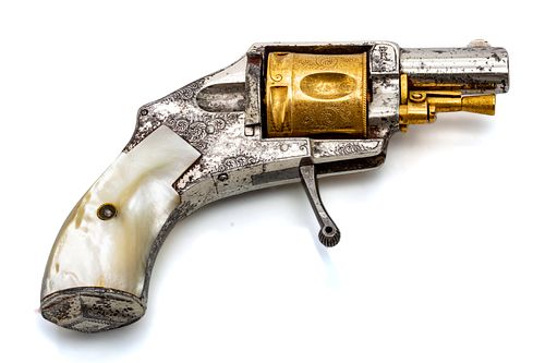 EUROPEAN HAMMERLESS REVOLVER WITH MOTHER OF PEARL GRIPS, C. 1910, L 5.5" 