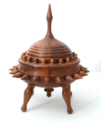UNUSUAL WOOD CONTAINER WITH LID,  H 13.75", D 12" 