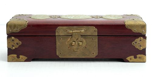 CHINESE CARVED TEAKWOOD AND JADE JEWELRY BOX  H 3", W 4", L 10"