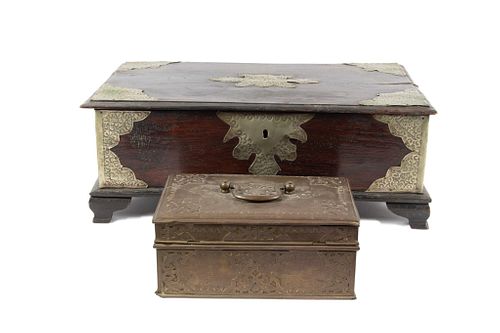JAVANESE CARVED TROPICAL WOOD CHEST AND ONE BRASS BOX, TWO PIECES, H 6.5", W 16.25", D 9.75" (CHEST) 