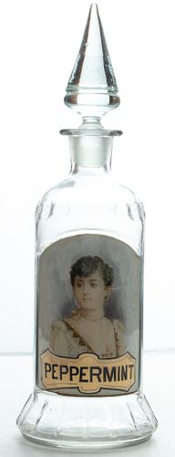 BOTTLE WITH GLASS LABEL "PEPPERMINT",  H 13"