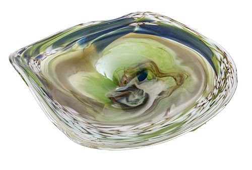 ILLEGIBLY SIGNED BLOWN GLASS FOOTED BOWL, H 7", DIA 18"