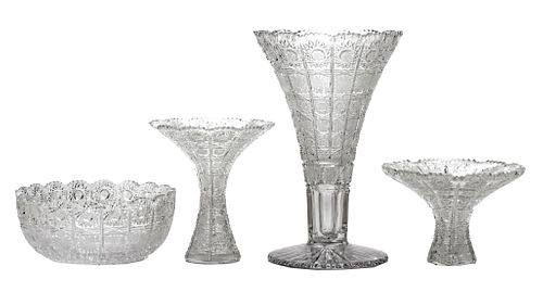 QUEEN'S LACE HAND CUT CRYSTAL VASES (3} AND BOWL (1) H 10", 6", 4" DIA 6 3/4" 