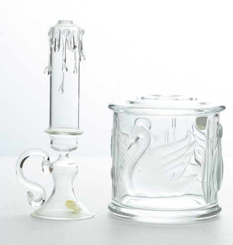 COVERED GLASS "SWAN" CONTAINER AND GLASS CANDLE CHAMBER STICK H 5" 