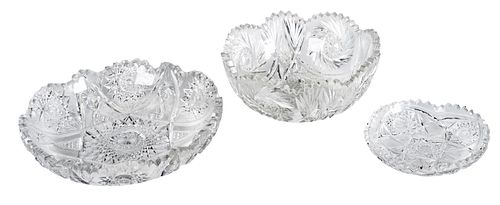 CUT CRYSTAL SHALLOW BOWL, C 1900 H 2.25", DIA 10" + 2 OTHERS 