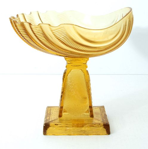 AMERICAN LARGE AMBER GLASS "SEA SHELL" COMPOTE, C 1880 H 10", W 8", L 10"