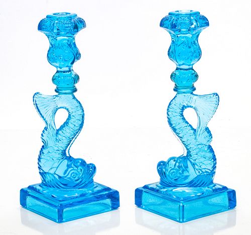 MMA GLASS DOLPHIN CANDLESTICKS, C 1960 PAIR, H 11", W 4"