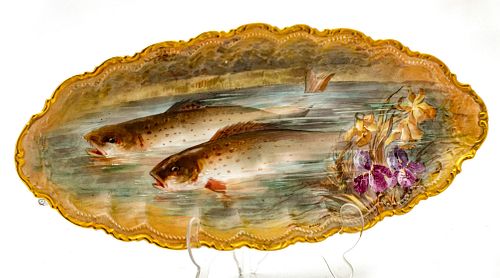 LIMOGES PORCELAIN HAND PAINTED FISH PLATTER CIRCA 1900 W 11" L 24" "CORONET" BY LIMOGES 