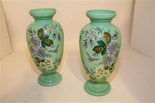 A Pair of Enameled Opalescent Glass Vases Height 12 1/2 inches.