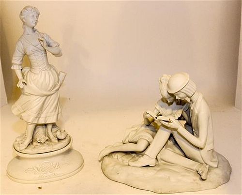 Two Bisque Porcelain Figures Height of tallest 14 1/4 inches.