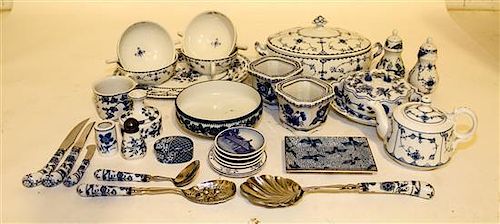An Assortment of Blue Onion and Blue and White Porcelain Articles Width of widest over handles 12 inches.