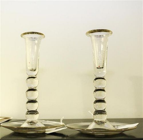 A Pair of Blown Glass Candlesticks Height of each 7 1/4 inches.